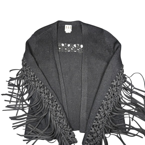 Haute Hippie Sweaters - Haute Hippie Black Fringe Knit Open Front Cardigan Sweater XS